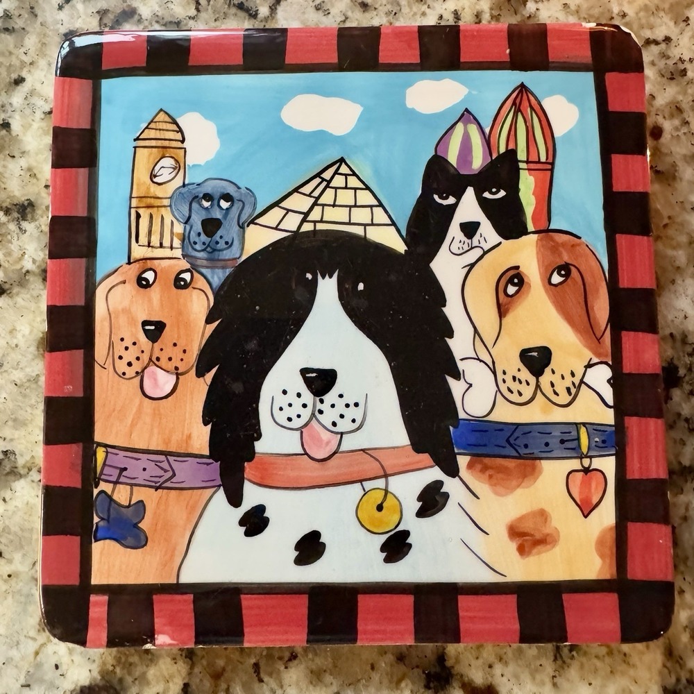 Vintage DOGZILLA 6x6 Ceramic Dog Trivet Candace Reiter Designs CATZILLA 1999 HTF